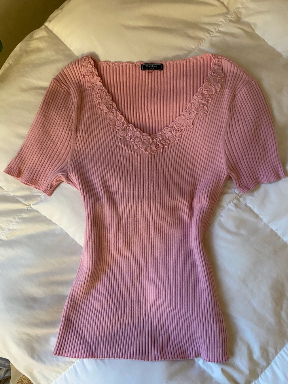 Vintage Pink Top with Floral Lace Trim